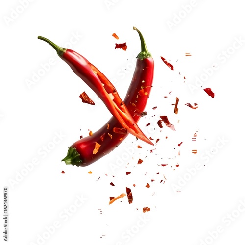 Explosive Red Chili Peppers with Scattered Spicy Flakes – Vibrant Culinary Ingredient on White Background