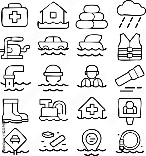 Flood Disaster Emergency Preparedness and Rescue Line Icons.