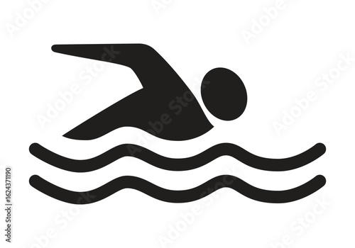 A black silhouette icon of a swimmer in water, ideal for swimming, sports, fitness, or aquatic activity signage
