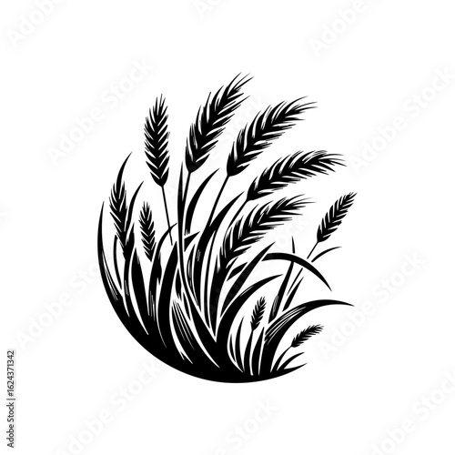 Black Silhouette of Wheat Stalks in a Field