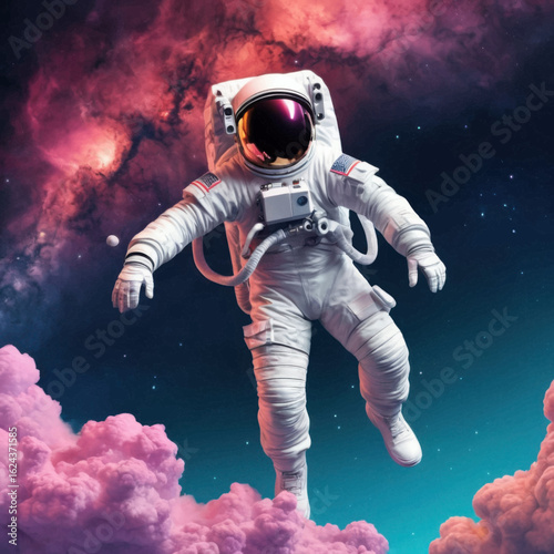 Astronaut Floating Amidst Pink Cosmic Clouds