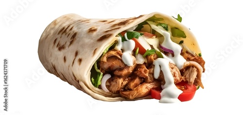 Delicious Chicken Shawarma Wrap with Fresh Vegetables and Creamy Sauce – Gourmet Street Food on White Background