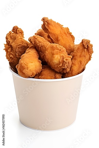 Delicious Crispy Fried Chicken in a Bucket – Golden Brown Fast Food Snack on White Background