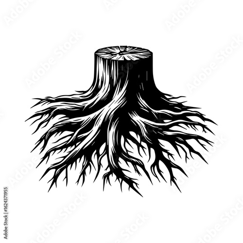 Intricate Tree Stump and Root System Illustration
