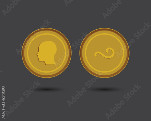 A Set of Gold Coin Heads and Tails Vector Illustration, Toss a Coin Stock Illustration for Sports and Any Decision