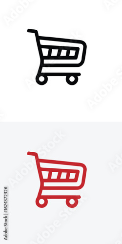 shopping cart icon with red line on black and white background flat vector design