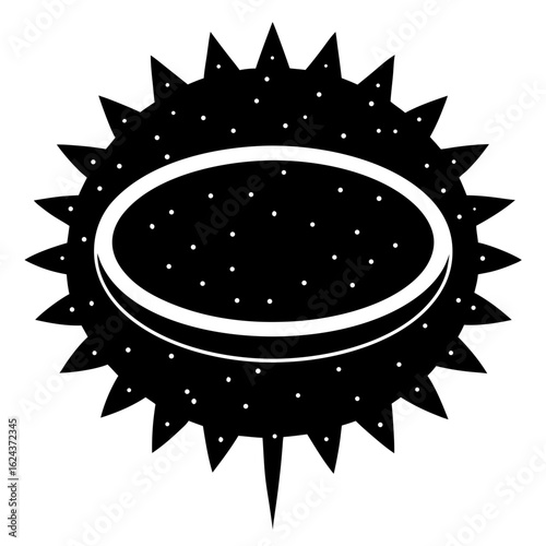 Stylized oval shape with spiky edges and starry background, representing a celestial body or cosmic phenomenon