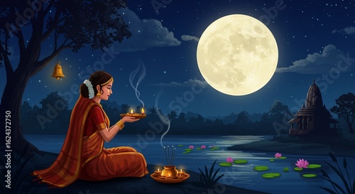 Festive Sharad Purnima Celebration under a Full Moon with Ritual Decorations