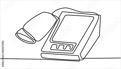 Electronic medical tonometer for measuring blood pressure. Medical healthcare check up analysis, Continuous one line drawing sphygmomanometer. Single one line drawing hand check blood pressure. 