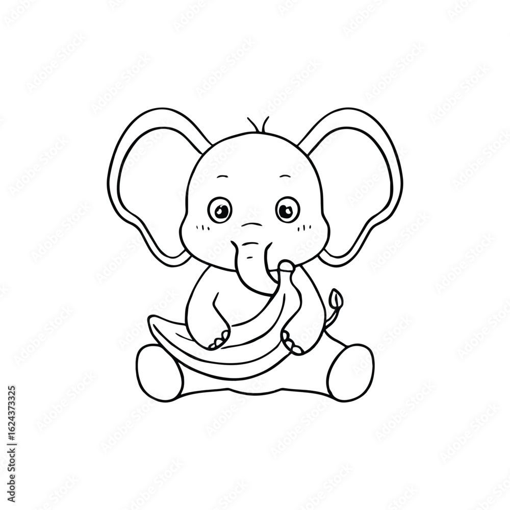 Fototapeta premium Doodle elephant holding a ripe banana