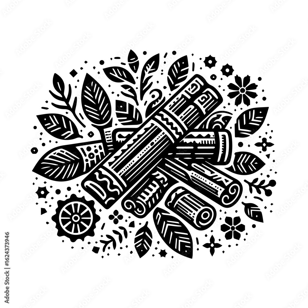 Obraz premium Stylized Cinnamon Sticks and Botanical Elements
