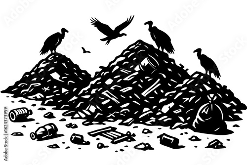 Vultures and Birds Perched on a Huge Pile of Garbage