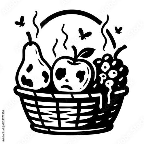 Fruit Basket with Rotten and Spoiled Fruit and Flies