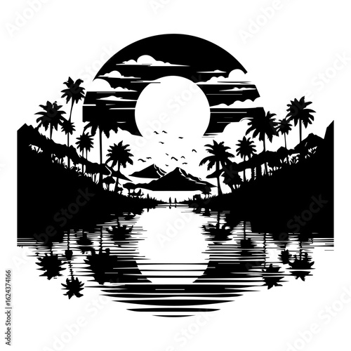 Tropical Silhouette Landscape with Palm Trees and Mountains
