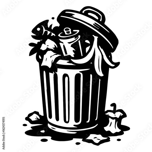 Overflowing and Full Trash Can with a Variety of Garbage