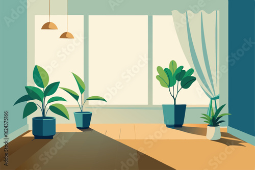 houseplants in a bright bedroom with wooden floors.eps
