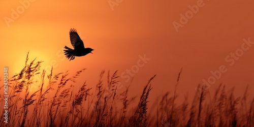 A lark taking flight into the glowing morning sky
