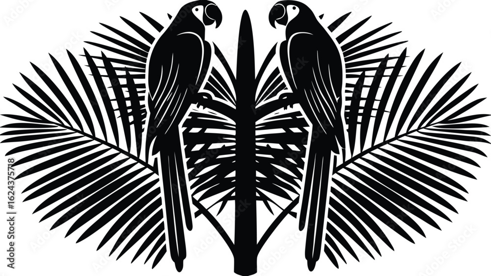Naklejka premium Two parrots perched symmetrically on a stylized palm tree with large fronds in a black and white design style