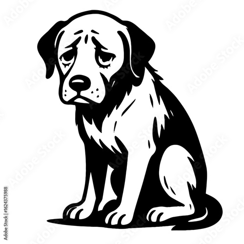 Sad Dog or Puppy Sitting Down with Droopy Eyes - Unhappy Animal Illustration