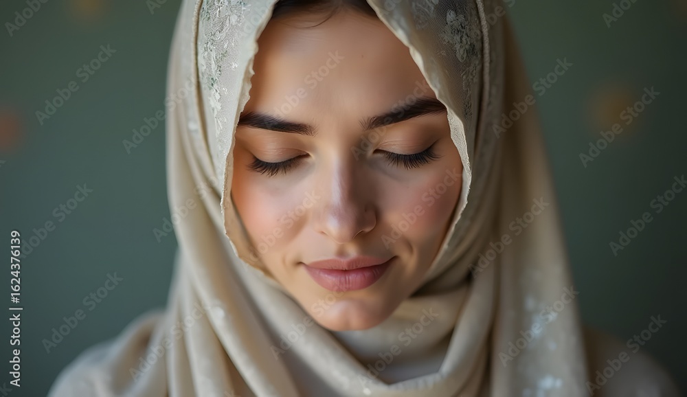 Fototapeta premium Close-up portrait of a serene woman with hijab, minimal background, natural lifestyle tone 