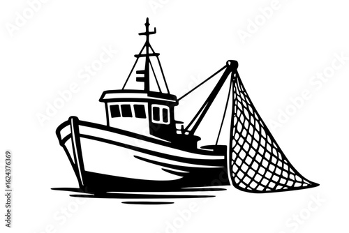 Fishing Boat Trawler Vector Illustration - Commercial Vessel with Fishing Net