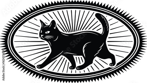 A black cat walking inside an oval frame with sun rays emanating from the center in a graphic design style