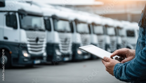 A person uses a digital tablet to manage a fleet of large trucks parked in a row on a paved , possibly for logistics.