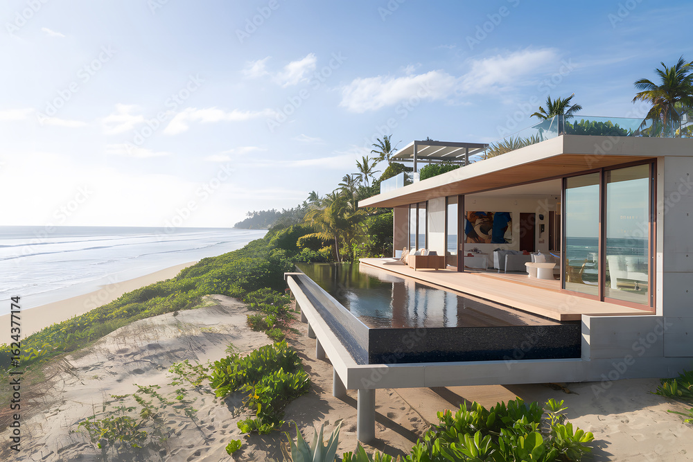 Fototapeta premium Modern Beachfront Villa with Infinity Pool. AI Generated