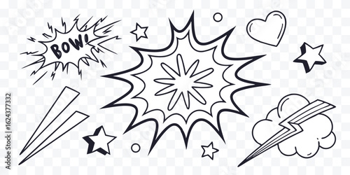 Hand Drawn Comic Book Elements Pop Art Explosion Stars and Heart Vector Illustration for Creative Designs and Fun Projects