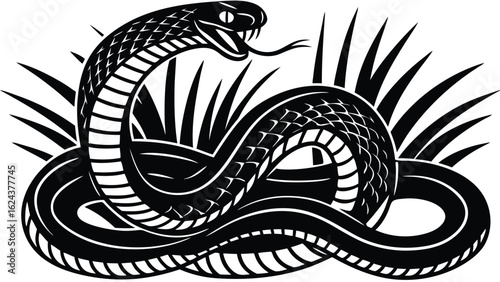 A coiled snake with its head raised and tongue out, surrounded by tall grass in a black and white drawing