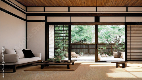 A Japanese living room featuring a cozy sofa in natural tones, soft lighting, wooden textures, and minimalist decor. A calm and inviting space blending comfort with timeless design.