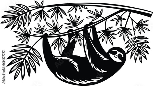 A black and white illustration of a sloth hanging upside down from a branch with detailed leaves design