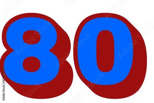 The number 80 displayed in a cartoonish style, with blue numerals outlined in red on a white background.