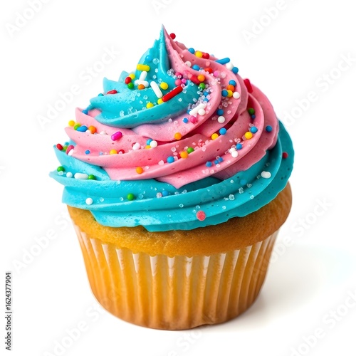 Colorful Cupcake with Blue and Pink Swirl Frosting and Rainbow Sprinkles – Festive Dessert on White Background