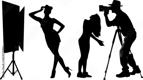 Silhouette of photographer with camera on tripod and two female models posing with light stand setup | editable eps vectors