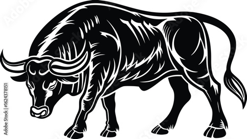 A stylized black and white illustration of a bull with prominent horns and muscular build in a fierce pose
