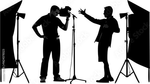 Silhouette of a photographer with camera and a model posing under studio lights in a photography session | editable eps vectors