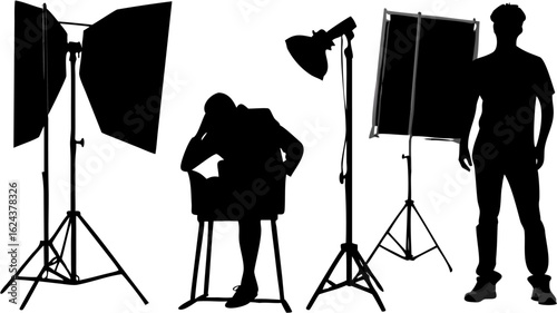 Silhouette of two people with photography lighting equipment in a studio setting with white background | editable eps vectors