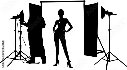 Two construction workers silhouetted one holding plans and the other with an open hand gesture near ladder | editable eps vectors
