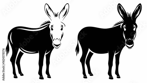 Two stylized donkeys in black and white depicting different shading and coloring techniques nicely | editable eps vectors silhouette