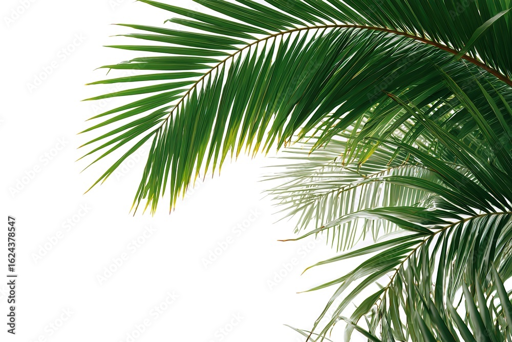 Fototapeta premium Palm leaves isolated on a white background, in a transparent or slightly blurred PNG image and a white border.