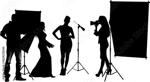Silhouette of a fashion photoshoot with models photographer lighting and backdrop in a studio setting | editable eps vectors