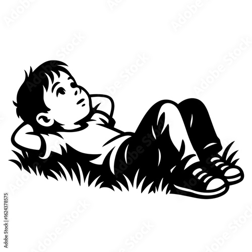 Vector Illustration of a Young Boy Lying in the Grass and Daydreaming