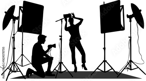 Silhouette of a photographer taking a picture of a model in a studio with lighting equipment set up | editable eps vectors