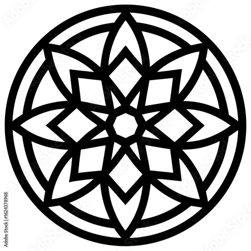 Abstract geometric starburst pattern with radial symmetry, a sacred geometry design isolated on white background