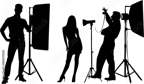 Silhouette of a photographer taking pictures of a model in a studio with lighting equipment around her | editable eps vectors