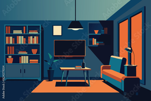 interior with tv  bookshelves  and artwork  .eps
