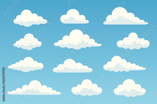 Set of cartoon fluffy white clouds on blue sky background vector illustration