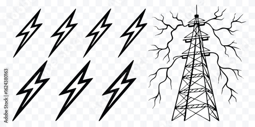 Vector Illustration of Lightning Bolts and Electricity Pylon Tower Depicting Energy and Power Transmission with Bold Black Lines and Transparency