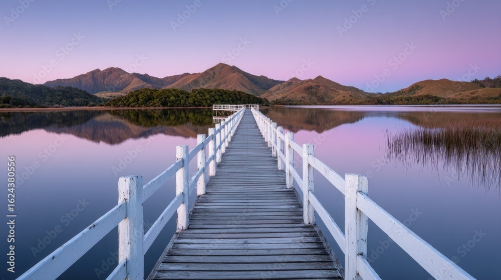 Naklejka premium Tranquil wooden pier extending across a serene lake at dawn.